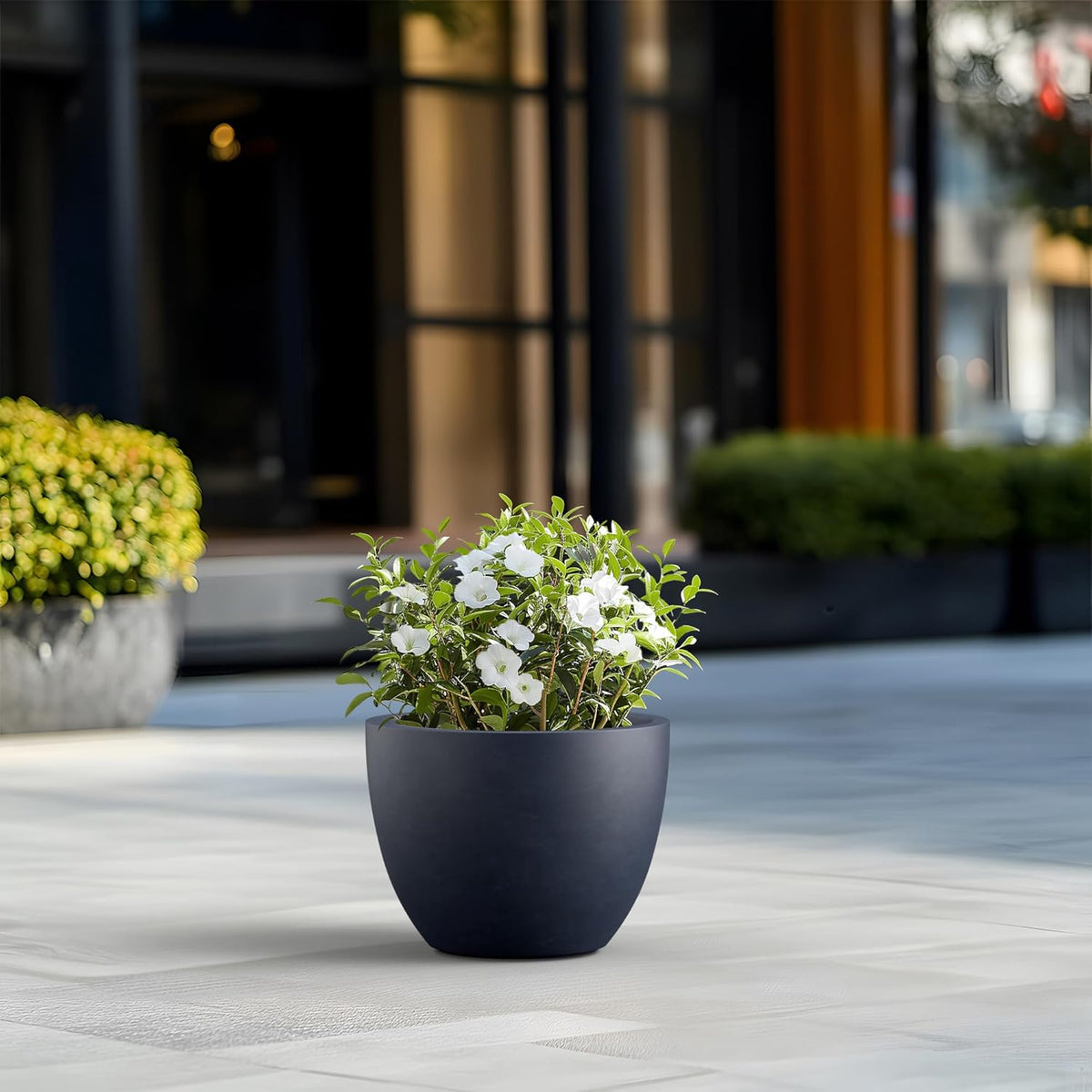 Kante 14.2 Inch Round Concrete Planter - Classic Large Indoor/Outdoor Plant Pot with Drainage Hole and Rubber Plug, Suitable for Gardens and Patios, Charcoal Finish with Forest Green Interior