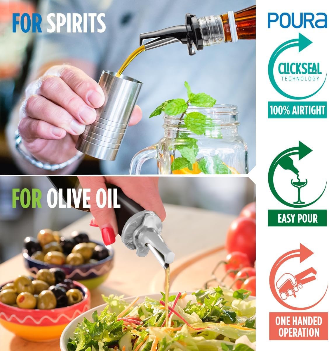 3-in-1 Liquor Bottle Pour Spouts with Built-in Fruit Fly Protection - Dishwasher Safe Hygienic Alcohol Pour Spouts - Also for Olive Oil, Juice, Syrup - Silver 2 Pack with 2 Adapters for Large Bottles