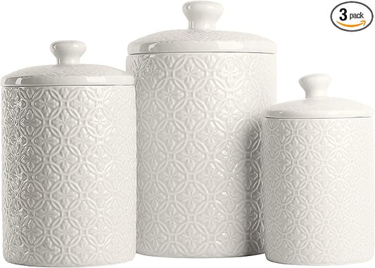 10 Strawberry Street Embossed Ceramic Kitchen Canister Set, Set of 3, Hampton White