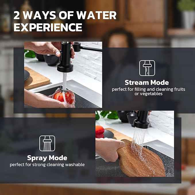 WEWE Black Kitchen Faucet with Soap Dispenser, Kitchen Sink Faucet with Pull Down Sprayer Stainless Steel Single Handle High Arc Pull Out Matte Black Faucet for Bar Laundry RV Utility