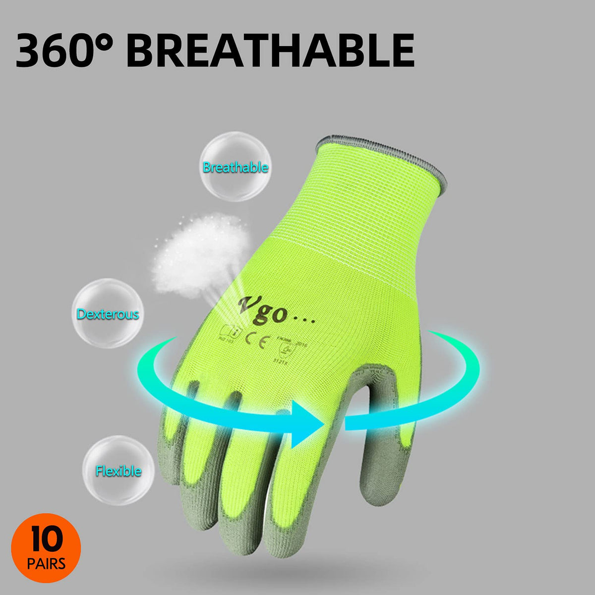 Vgo... 10-Pairs Safety Work Gloves, Gardening Gloves, Polyurethane Coated, Dipping Gloves, Latex Free (Size S, Yellow, PU2103)