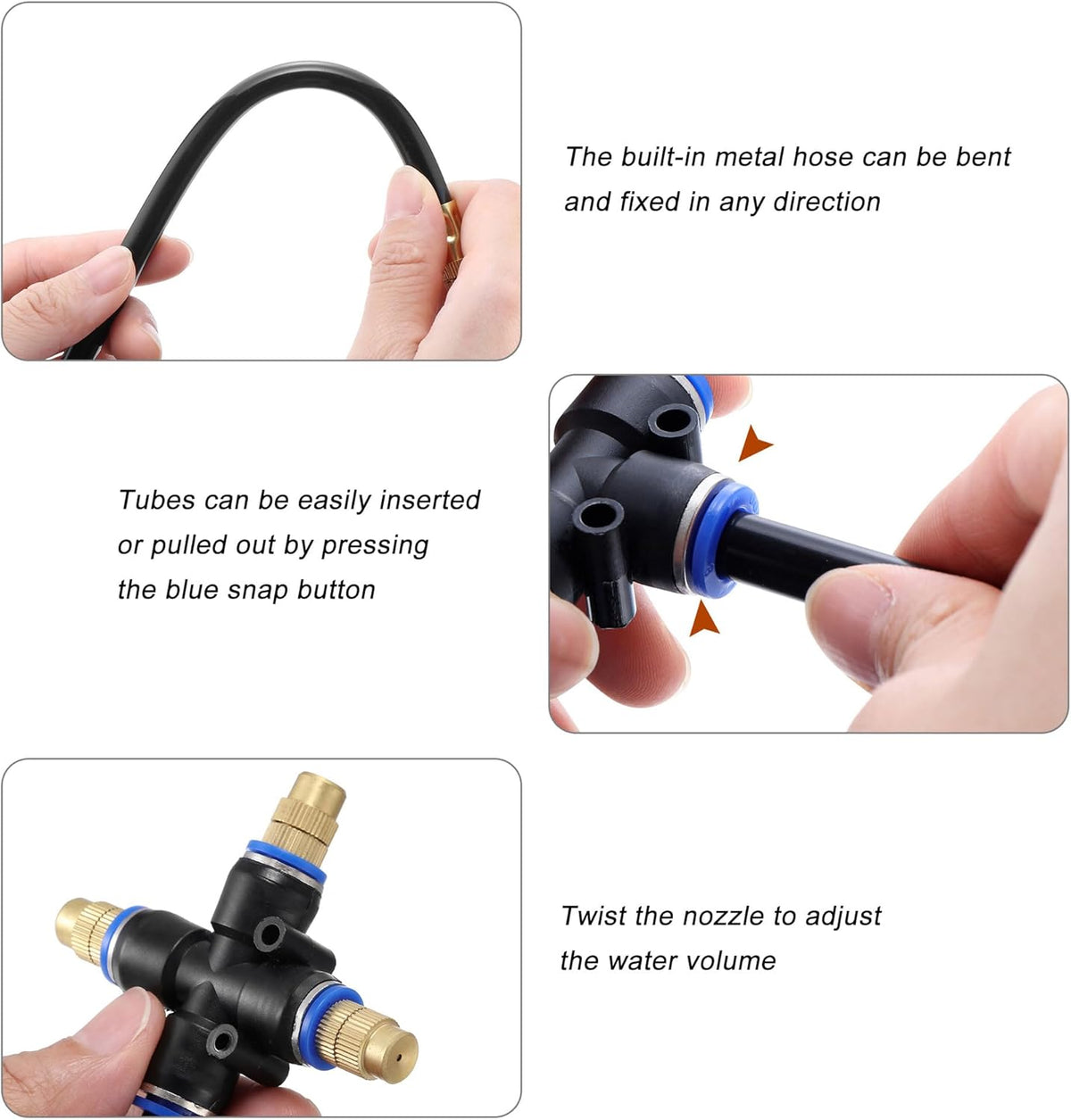 Mornajina 3Packs 3 Way Brass Misting Nozzles Tee with 5inch Built in Hose for Outdoor Cooling System, Adjustable 360° Rotation, Water Mister Nozzles Thread Sprayer 0.043" (1.1 mm)