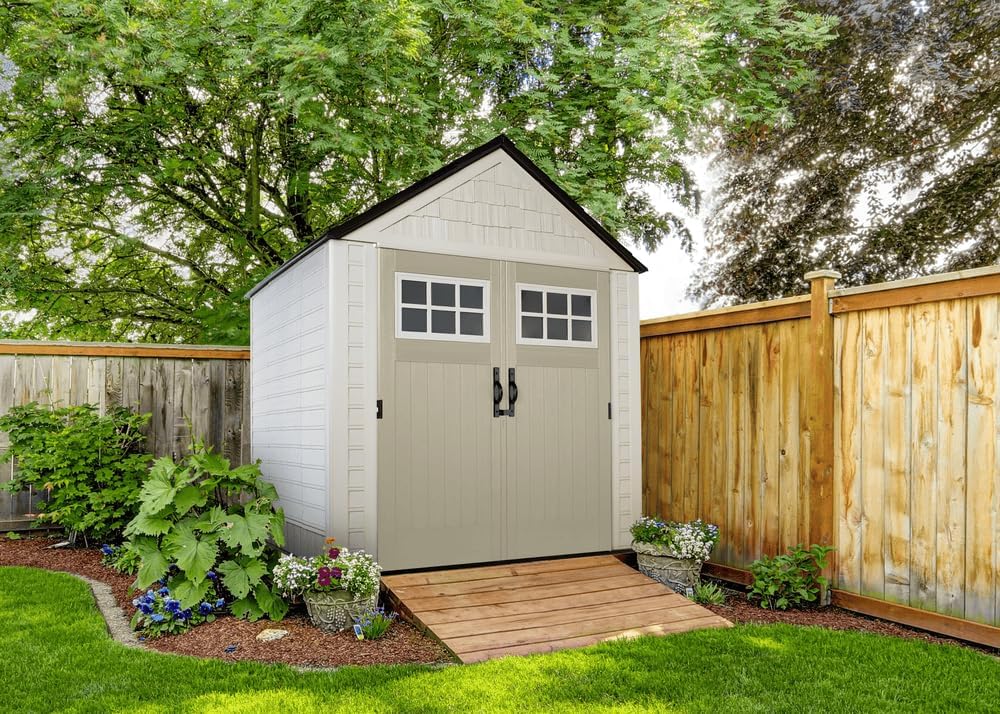 Rubbermaid 7 Foot by 7 Foot Weatherproof Outdoor Storage Shed for Garden Tools and Lawn Machinery Organization with Lockable Double Door Sandstone