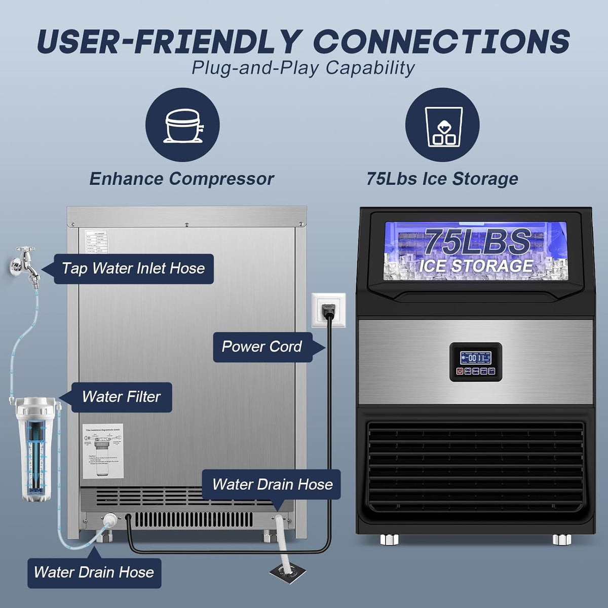 300LBS/24H Commercial Ice Maker Machine with 75LBS Storage Bin, Stainless Steel Undercounter/Freestanding Ice Maker Machine for Home Bar Outdoor, 108PCS Ice Cubes Ice Machine