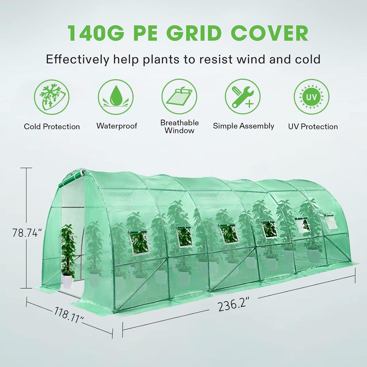 VIVOSUN 20x10x7 Ft. Large Walk in Greenhouse, Greenhouse Tunnel, Garden Plant Hot House with Green PE Cover, Roll-up Zipper Door and Window for Outdoor