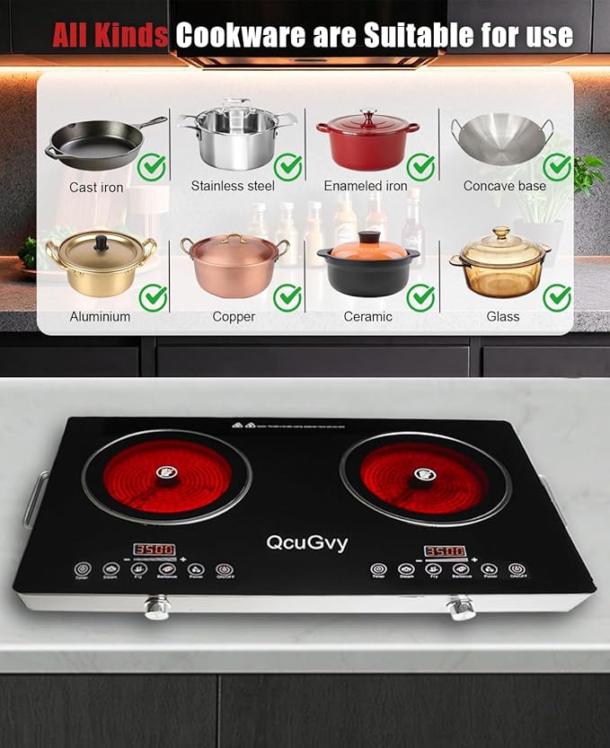 23" Portable Infrared 2 Burner 3500 Electri Burner with 2 Hours Timer-Electric Hot Plate Touch Control Panel Adjustable Heating Power Glass Plate Electric Cooktop for Cooking