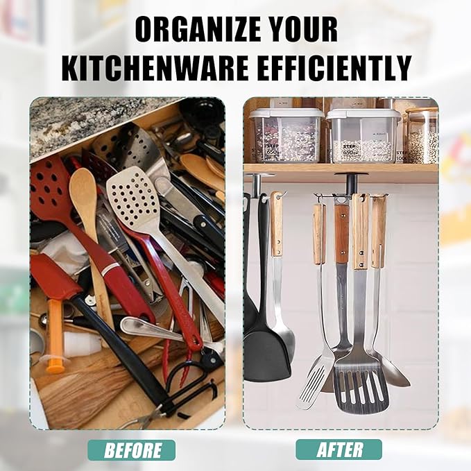 Zorfeter 2 PCS Under Cabinet Kitchen Utensil Hooks, Stainless Steel Utensil Racks 360°Rotating Drilling Free Adhesive Utensils Hanging Rack Holder, Brushed Nickel