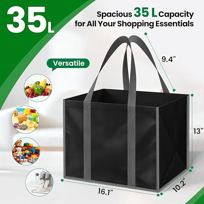 SpaceWhisper Reusable Grocery Bags with Long Handles [4 Pack] - Multipurpose Large Shopping Bags for Groceries, Foldable Grocery Totes Resist Water & Stains for Kitchen, Car Trunk, Picnic (Black)