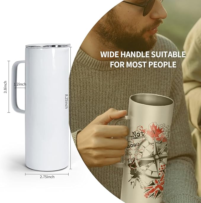 AGH 20OZ Sublimation Straight Skinny Tumbler with Handle, 6Pack Stainless Steel Coffee Mugs with Lids and Straws, Double wall Insulated Tumbler for Coffee,Tea,Beer and Juice.
