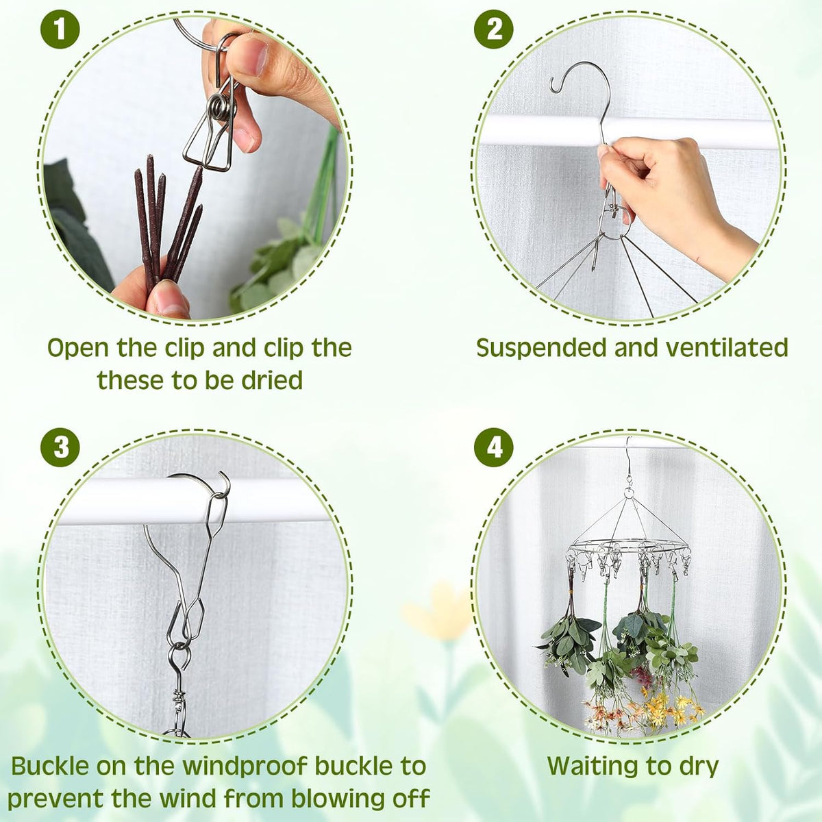 Bokon 4 Pcs Hanging Drying Rack for Herb Macrame Flower with Stainless Clip Dryer Hook for Drying Herb Air Plants Spices Flower Hydroponic Plant Ready to Use with Ceiling Hook(Round)