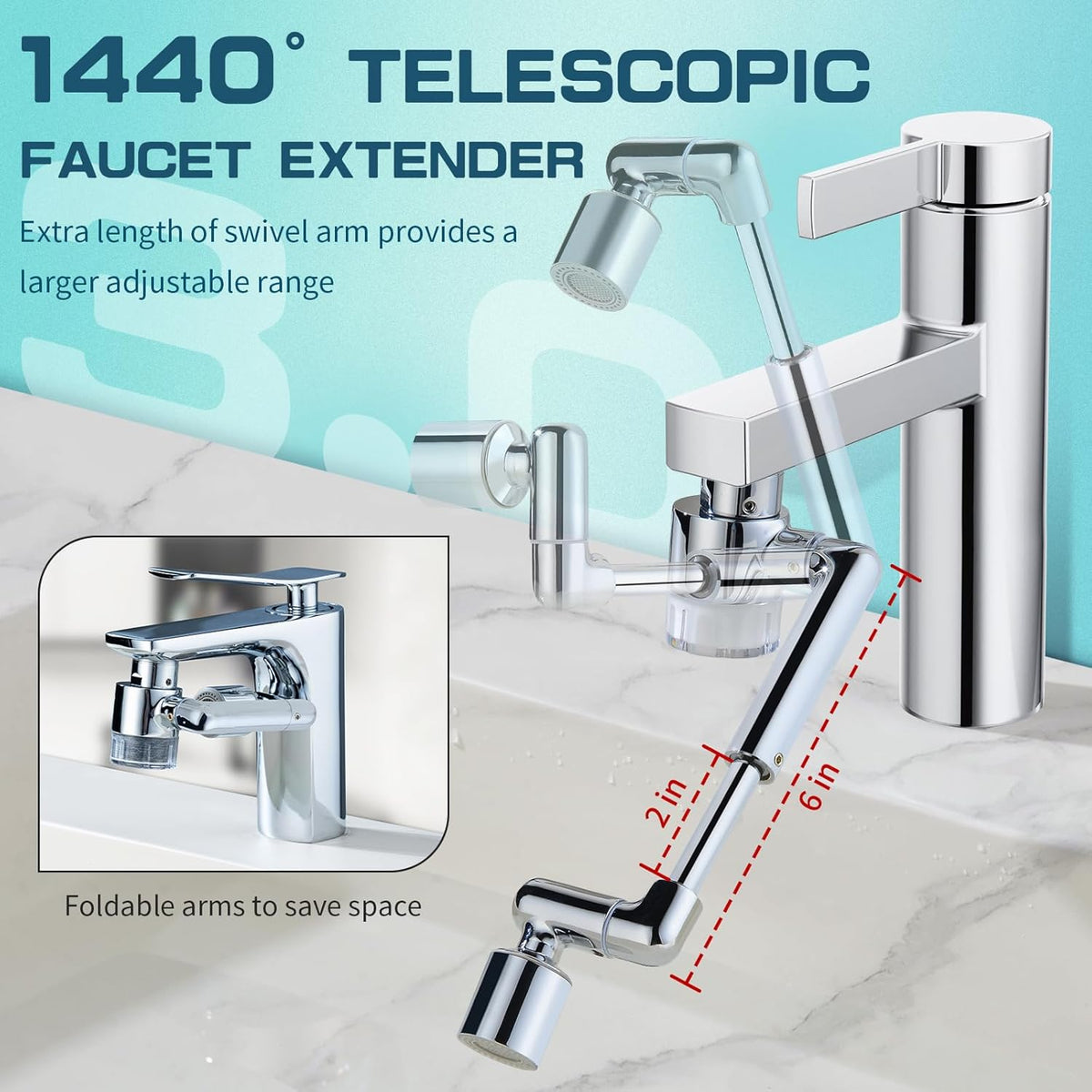 CECEFIN 1440ºSink-Water-Filter Faucet-Extender 3.0 Telescopic - Carbon Purifier Reduce 99% Chlorine, NSF Test Bathroom Kitchen Aerator, Swivel Long Arm Extension for Toddlers, Hard Water Softener