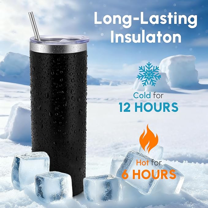 Volhoply 8 Pack Skinny Tumblers with Lid and Straw, 20oz Stainless Steel Straight Tumbler Bulk, Vacuum Insulated Coffee Mug for Home, Office, Travel, DIY (Black,8 Pack)