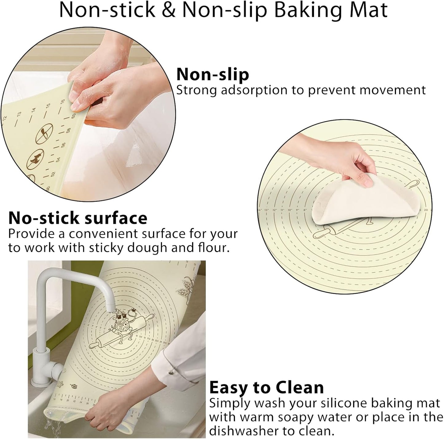 Silicone Baking Mat 24" x 16", Extra Thick Silicone Pastry Mat with Measurements and Edge Heightening, Non-stick Food Grade Dough Rolling Matfor for Pastry, Bread, Cookies, Pizza, Fondant, Pasta