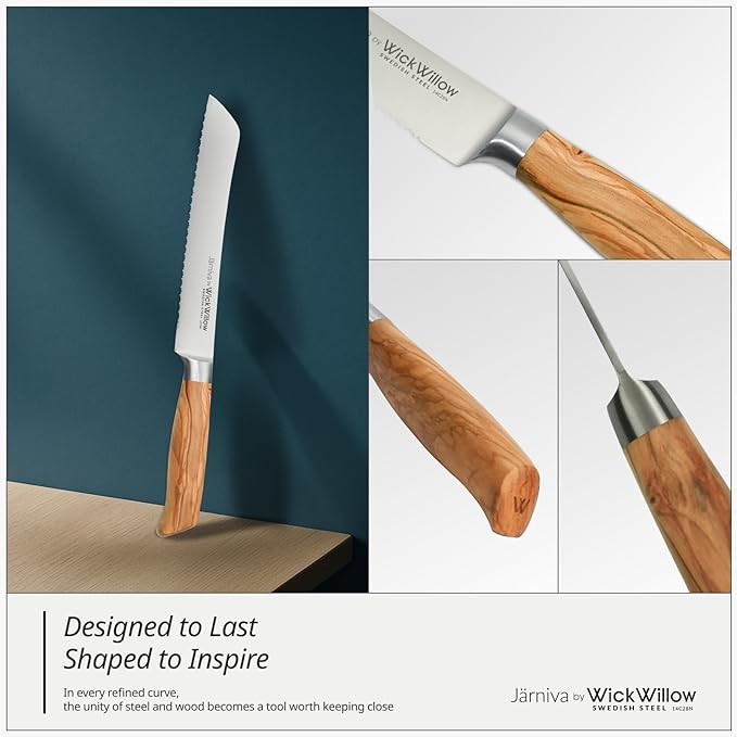 WICKWILLOW 8 Inch Bread Knife – Swedish Steel 14C28N with Italian Olive Wood Handle – Double Serrated Knife for Sourdough & Homemade Bread – Gift Box – Jarniva Series
