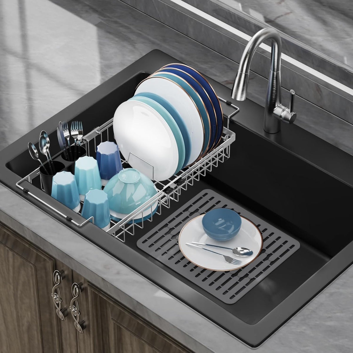 GSlife in Sink Dish Drying Rack - Large Stainless Steel Capacity Expandable Dish Drainer with Sink Protector, 13.4"~20.5'' L x 12.8'' W x 5.7'' H, Silver