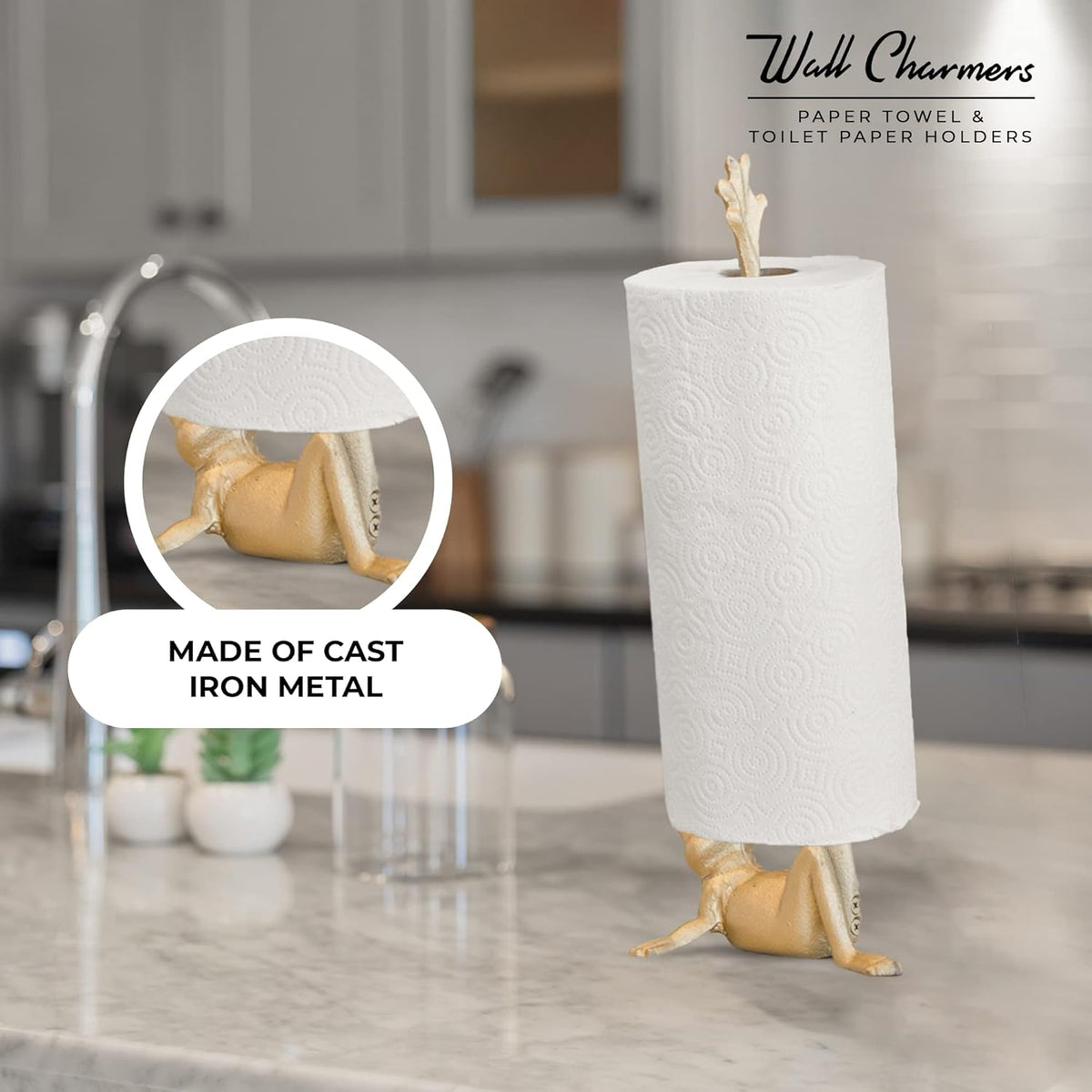 WallCharmers Gold Paper Towel Holder, Metal Toilet or Kitchen Paper Holder for Floor or Countertop, Gold Frog