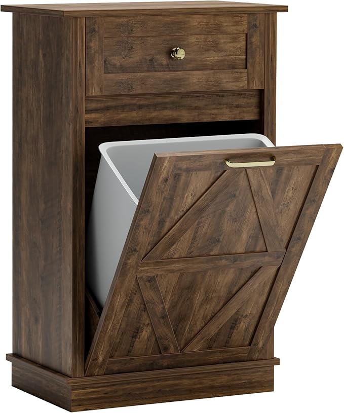 JUMMICO Tilt-Out Trash Can Cabinet, 10 Gallon Laundry Hamper Cabinets with Drawers, for Kitchen, Dining Room and Living Room (Brown, 2 Piece)