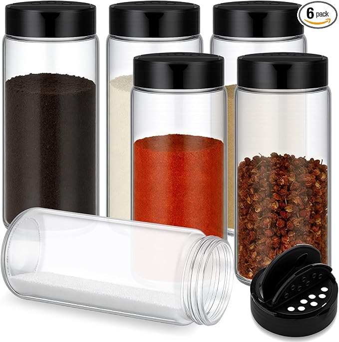 6 Pack 16 oz Glass Spice Jars with Shaker Tops Lids Large Spice Bottle with Lids for Kitchen, Herbs, Sugar, Pantry Herb Salt Pepper Storage (Round)