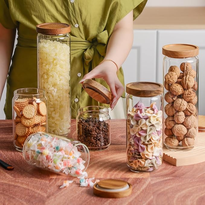 Glass Storage Jars with Wooden Lid Set of 3, 44 OZ High Borosilicate Glass Containers Kitchen Food Canisters s for Coffee Beans/Sugar/Noodles/Nuts/Cookies/Pasta