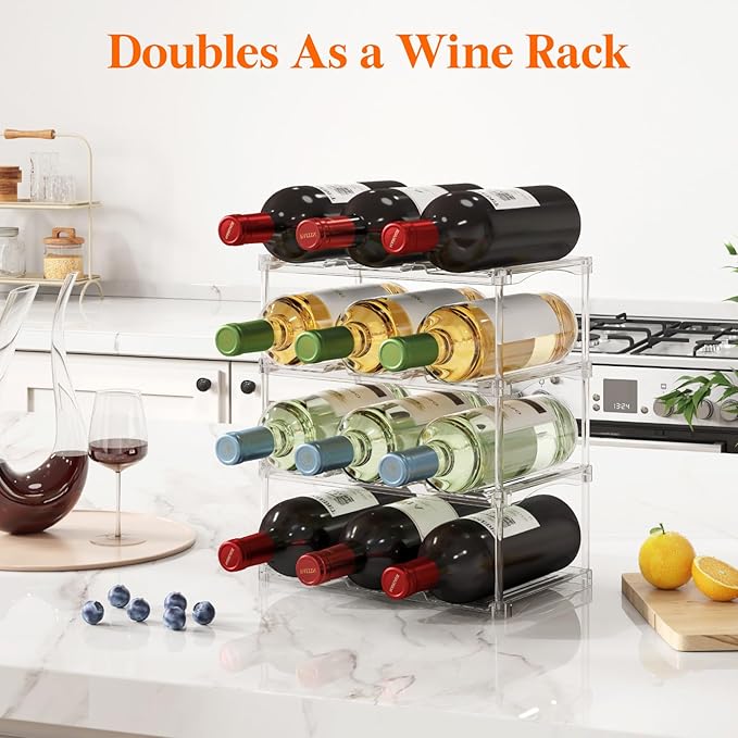 Lifewit Stackable Bottle Storage Organizer, Clear Freestanding Wine Holder for Cabinet, Large Slot Water Bottle Tumbler Cup Organizer for Pantry, Plastic Wine Rack for Fridge Cellar, 4Tier Hold 12