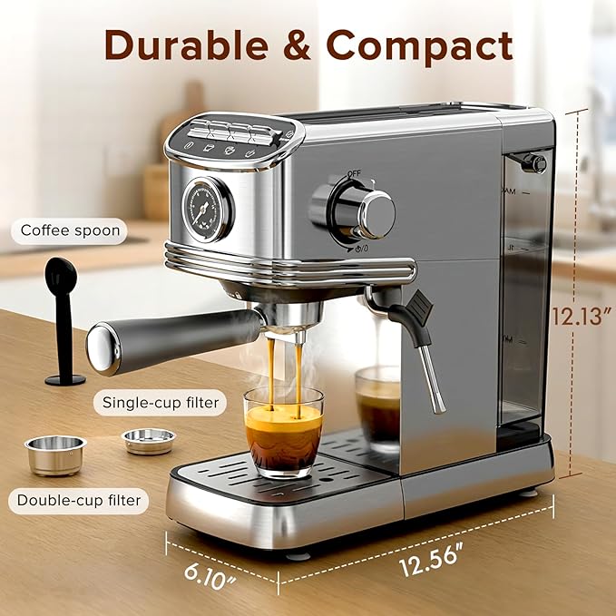 Kndko Espresso Machine, 20 Bar Espresso Maker with Milk Frother Steam Wand, with 45 OZ Removable Water Tank, Latte & Cappuccino Machine for Home, Office, Stainless Steel Color