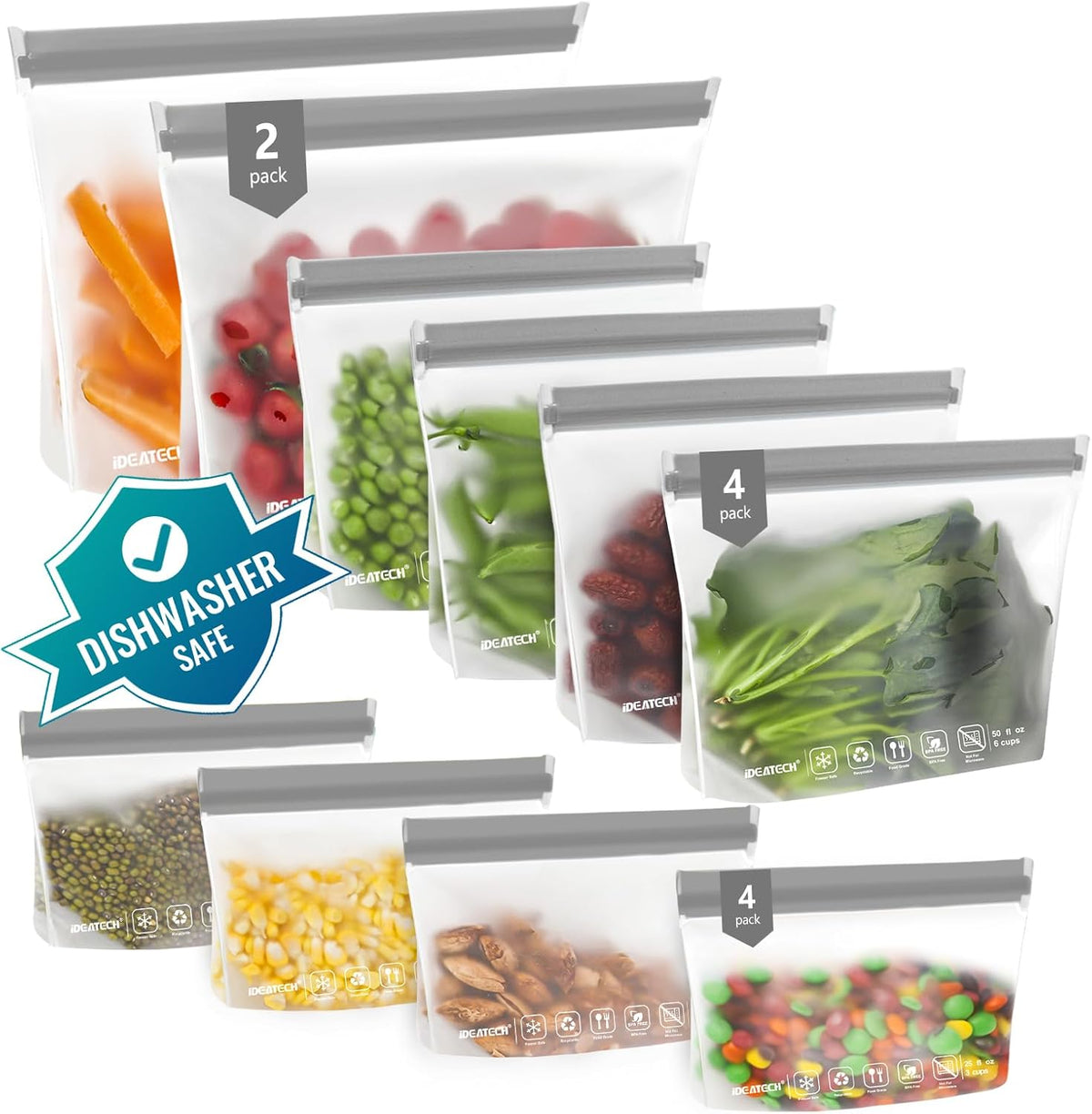 IDEATECH 12Pack Food Storage Bags Dishwasher Safe, BPA Free Gallon Freezer Bags, Reusable Snack Bags, Leakproof BPA Free Reusable Baggies for Lunch,Travel(2Gallon 4Quart 4Snack, Grey)