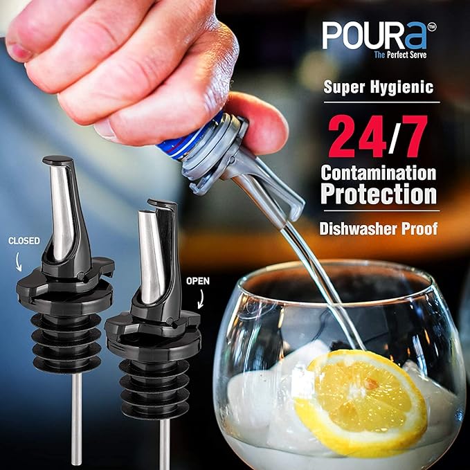 Poura 8 Liquor Pour Spouts (Black) with Built-in Caps for Optimal Fly & Dust Protection - Dishwasher Safe, Hygienic Spouts
