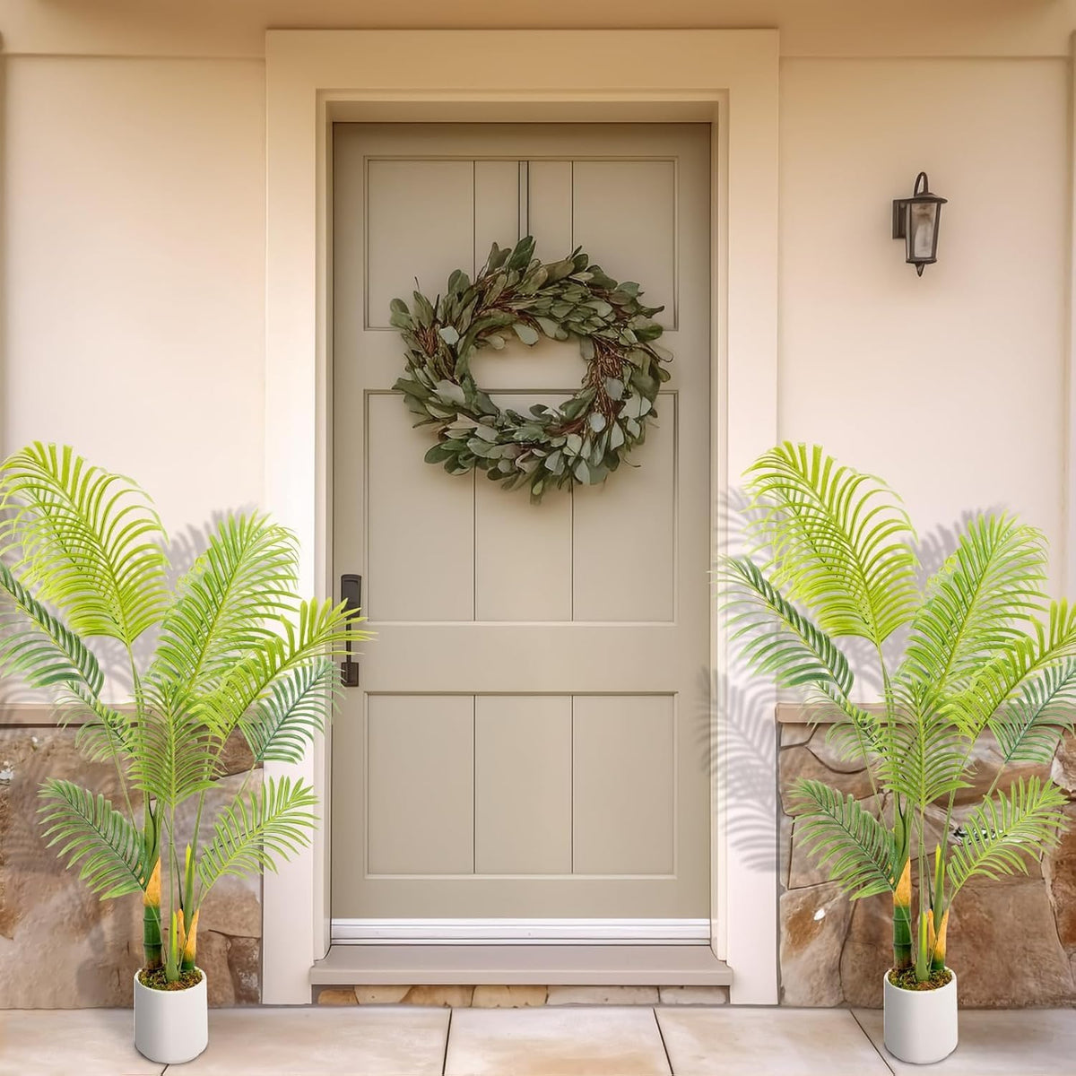 Artificial Fake Palm Tree 5FT 2Pack with White Planter & Free Moss, UV Resistant Artificial Palm Tree for Outdoors, Fake Plants for Poolside Home Room Decor, Faux Plants Outdoor Decor