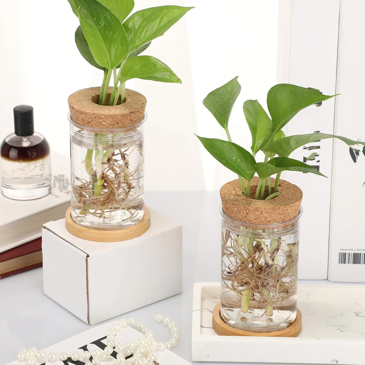Baderke 12 Packs Propagation Vases for Plants Plastic Plant Propagation with Hole Lid and Bamboo Stand Growing in Water Hydroponic Home Office Desktop Vase Decoration(Classic Style)