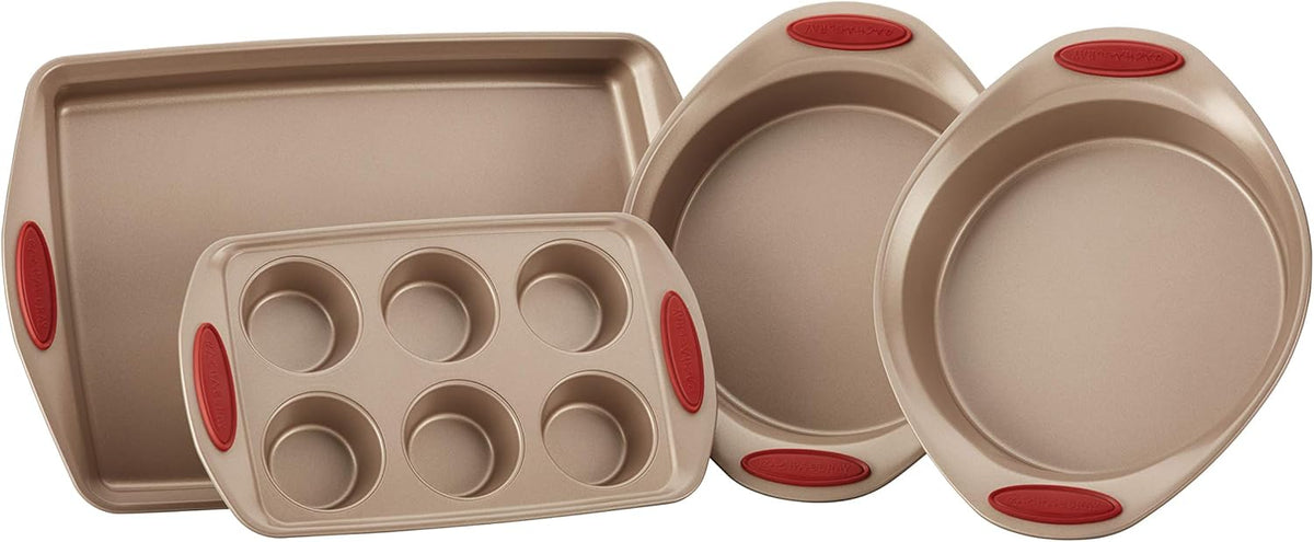 Rachael Ray Cucina Bakeware Set Includes Nonstick Cake Cookie Baking Sheet and Muffin Cupcake Pan, 4 Piece, Latte Brown with Cranberry Red Grips
