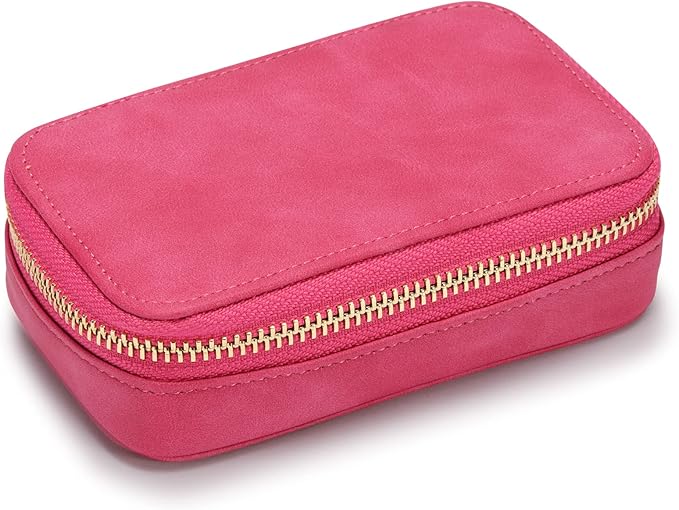 HISCOW Vegan Leather Travel Jewelry Case with Zipper - Portable Necklace & Earring Holder Organizer for Women Girls, Velvet-Lined Ring Box with Anti-Tarnish Design, Rose Red