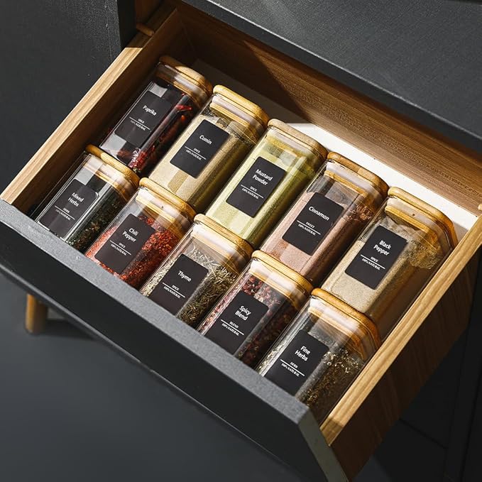 16Pcs 9oz Spice Jars Glass Container with 275 Labels, Airtight Seasoning Empty Organizer with Bamboo Lid Set for Pepper, Salt, Sugar