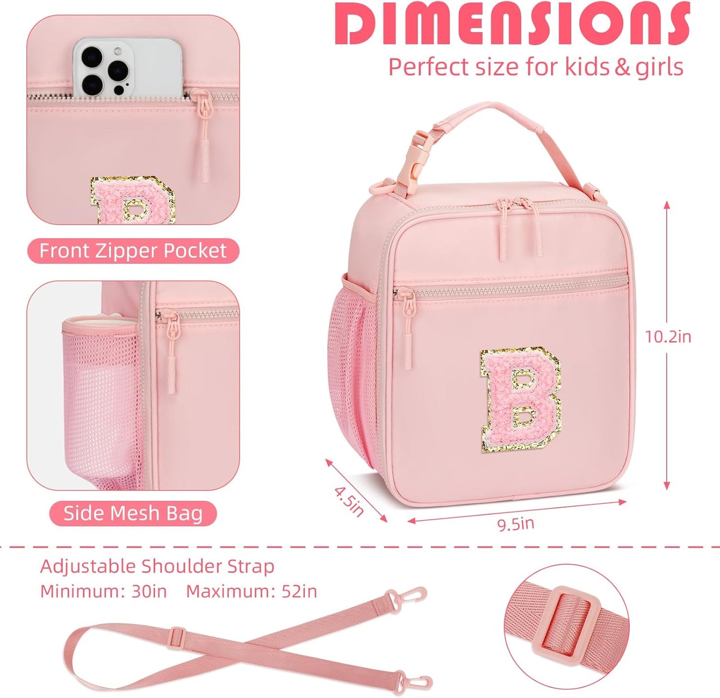 Initial Insulated Lunch Bag for Girls Kids, Back to School Gift, Reusable Leak-proof Lunch Box with Adjustable Strap for School Daycare Travel Picnic (Pink,B)