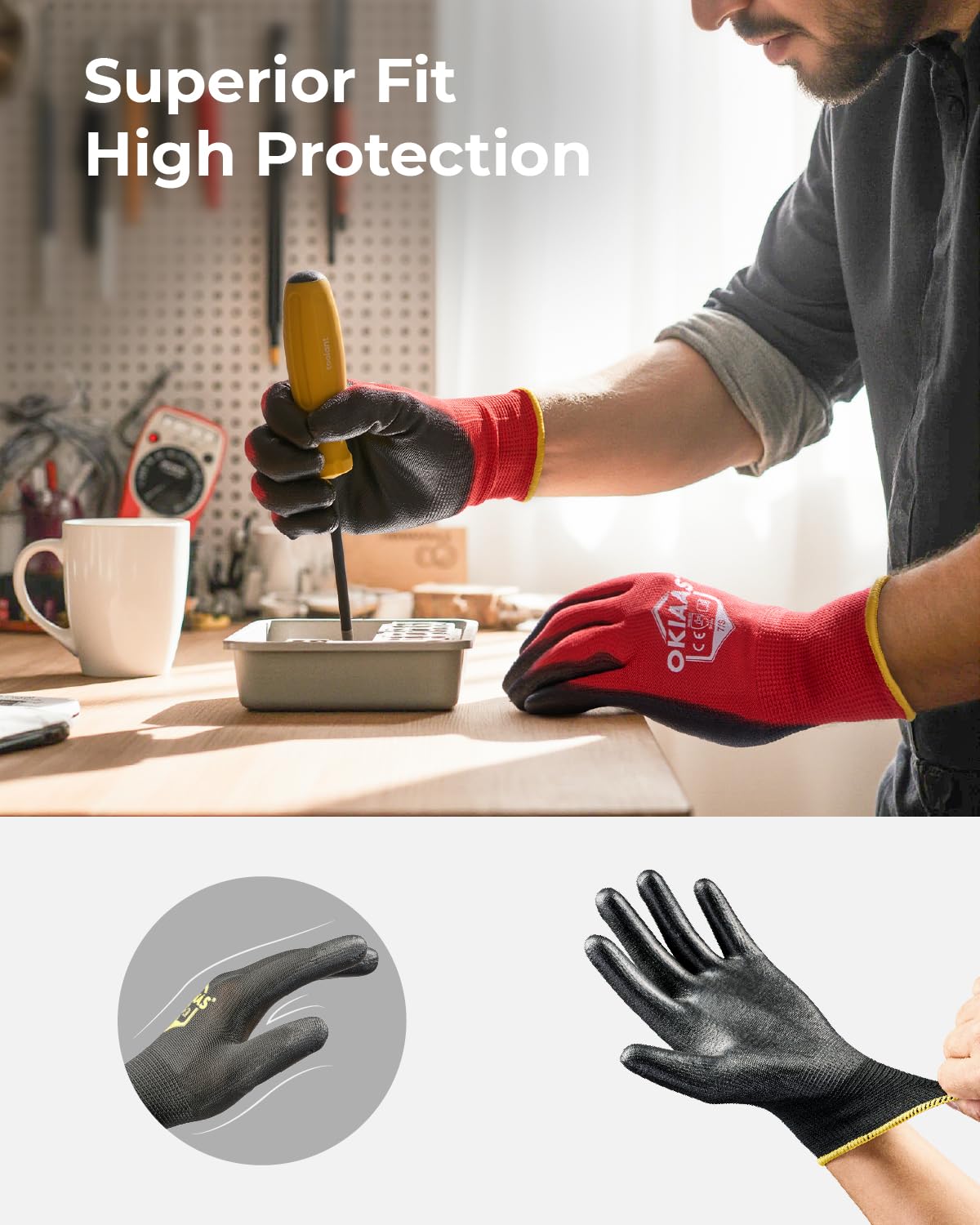 OKIAAS Men's Blue Medium Thin and Lightweight Working Gloves with Grip, 12 Pairs Bulk Pack Construction Gloves