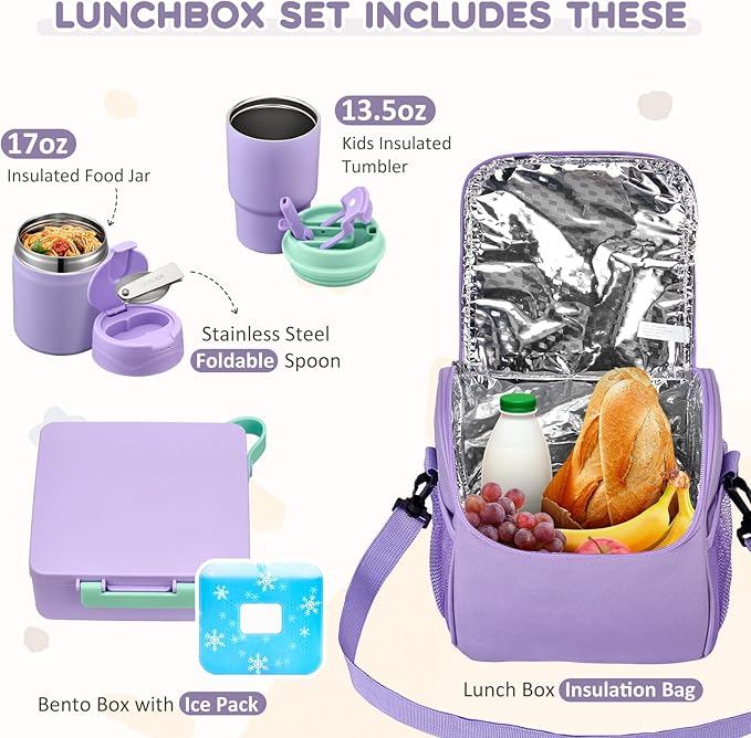 Pawtong Lunch Box Set with Bento Box Container, 17OZ Stainless Steel Food Soup Thermo, Kids Water Bottle & Portable Insulated Lunch Bag – Leakproof, Hot/Cold Retention for School, Travel (Purple)