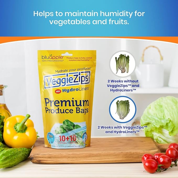 Bluapple VeggieZips Premium Produce Storage System - 40 Piece Set, 20 Food Saver Bags + 20 HydroLiners, Keep Produce Fresh Longer, Washable & Reusable Bags with Humidity Control for Fruit & Vegetables
