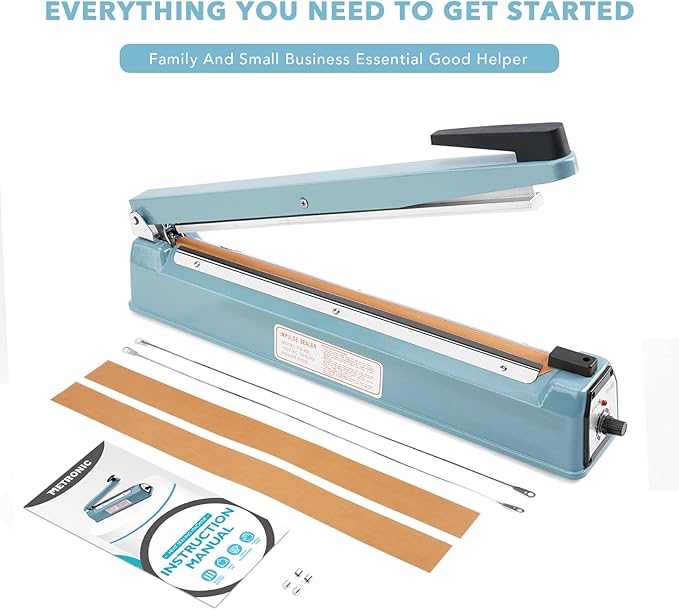 METRONIC Impulse Sealer 16 inch, Manual Heat Sealer Machine for Plastic Bags, Shrink Wrap Bag Sealers Heavy Duty Sealing Machine With Repair Kit (Blue)