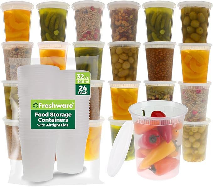 Freshware Food Storage Containers [24 Set] 32 oz Plastic Deli Containers with Lids, Slime, Soup, Meal Prep Containers, BPA Free, Stackable, Leakproof, Dishwasher and Freezer Safe, Translucent