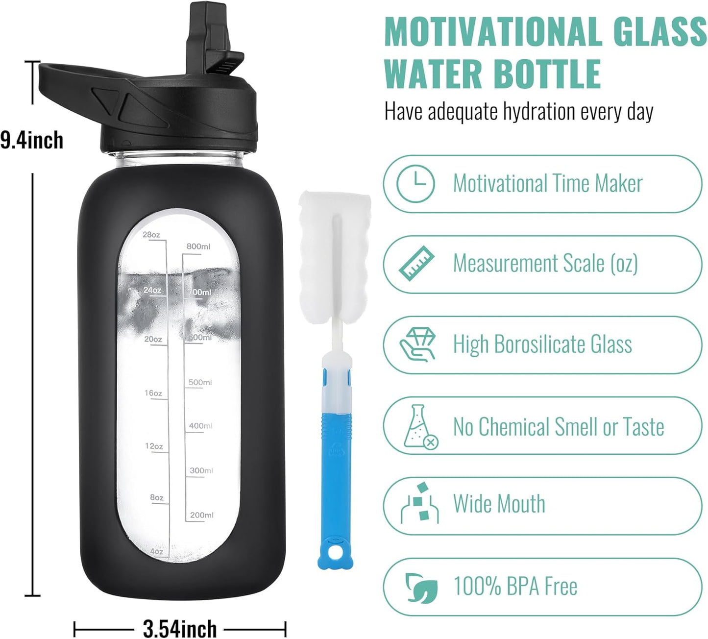 CIVAGO 40 oz Glass Water Bottle with Straw and Handle, Large Sports Motivational Water Bottle Flask with Time Marker and 2 Lids, Leakproof Water Jug Canteen with Silicone Sleeve for Gym,Mauve