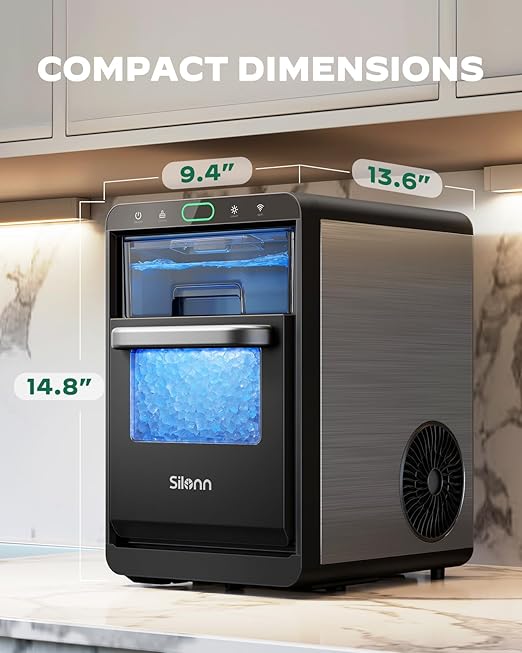 Nugget Ice Maker Countertop - Silonn Smart Pebble Ice Machine, Pellet Ice 44 lbs per Day, Crushed Ice from Timer Function and Status Alerts with Silonn App, Stainless Steel
