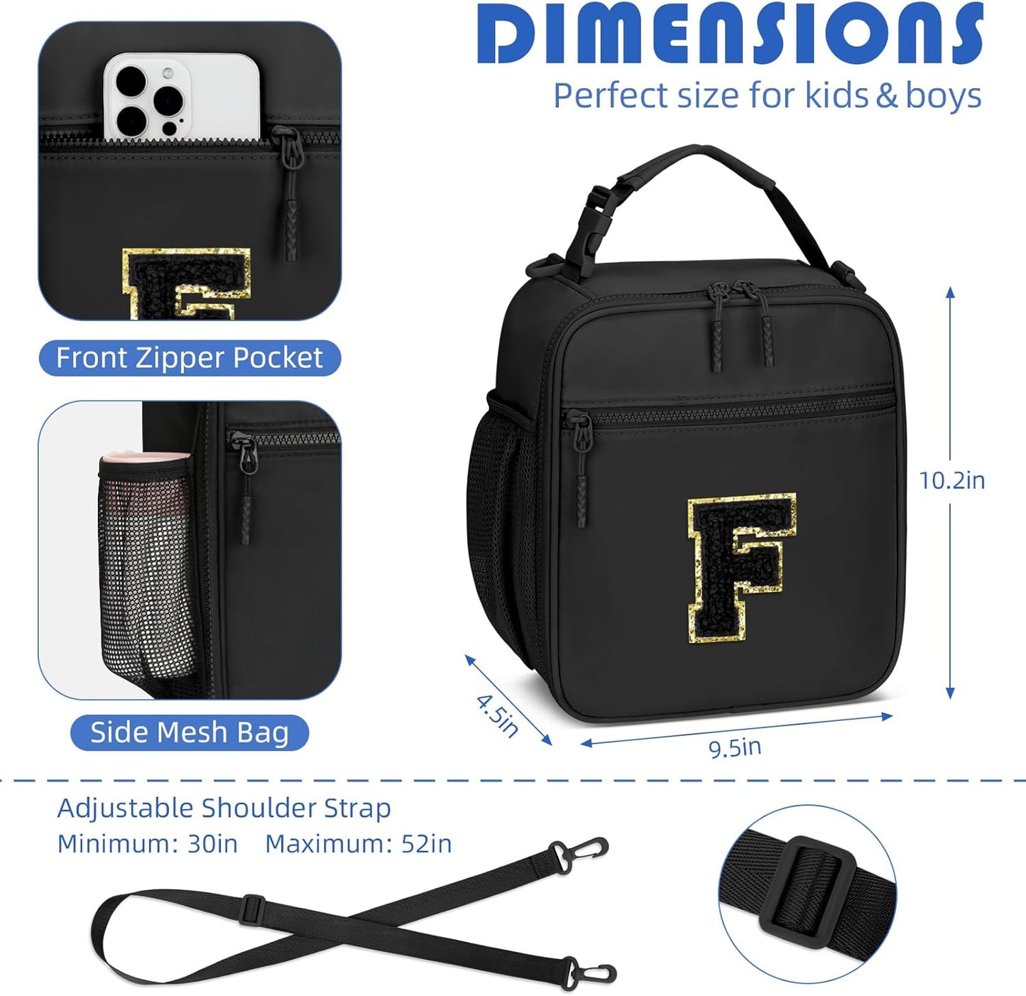 Initial Insulated Lunch Bag for Boys Kids, Back to School Gift, Reusable Leak-proof Lunch Box with Adjustable Strap for School Daycare Travel Picnic（Black，F）