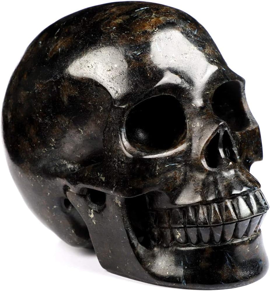 Skullis 5.0" Russian Arfvedsonite Crystal Skull, Hand Carved Gemstone Fine Art Sculpture, Reiki Healing Stone Statue.