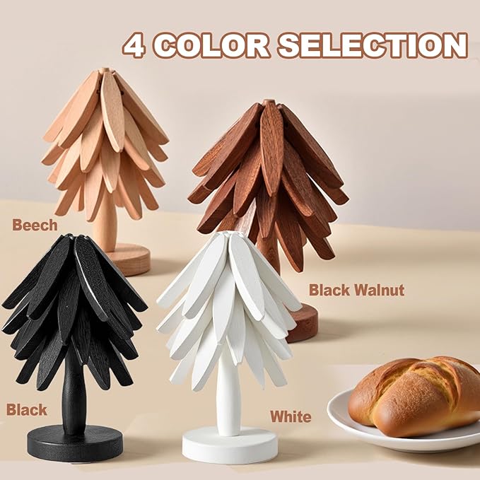Natural Foldable Black Walnut Wooden Trivet Set - 4 Trivets + 1 Stand for Hot Dishes, Pot, Bowl, Teapot, Hot Pot Holders (White ﻿)