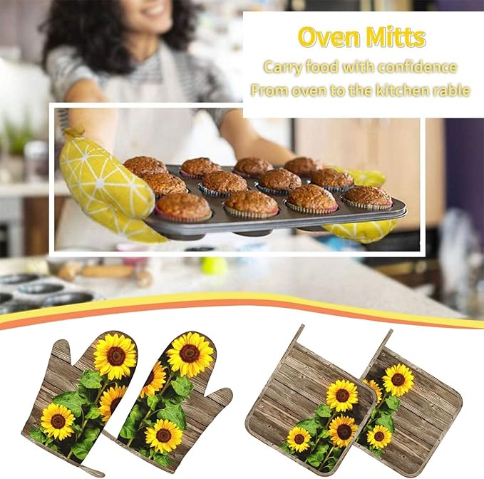 Sunflower Wooden Retro Oven Mitts and Pot Holders Sets of 4, Heat Resistant Silicone Oven Mittens and Potholders Gloves Hot Pads for Kitchen Cooking Baking Grilling BBQ Chef