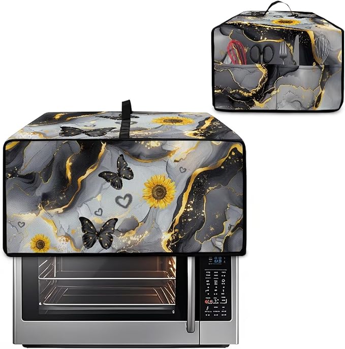 Convection Oven Cover Countertop Appliance Covers Stain-resistant Microwave Oven Protector for Kitchen Home Decor, L, Black Gray Gold Marble Butterfly Sunflower