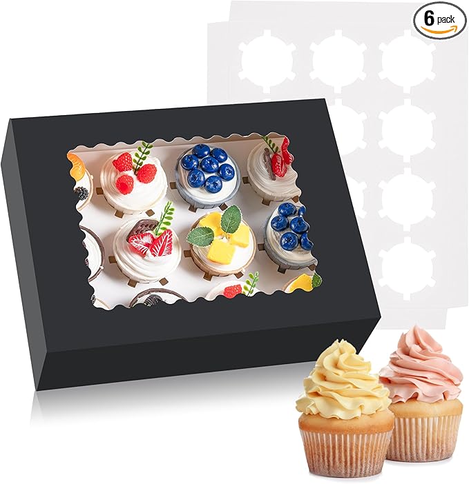 Hoewina 6PCS Cupcake Boxes - Hold 12 Count Cupcake Containers with Window, Food Grade Cupcake Holder Easy Transport and Presentation - Ideal for Cupcakes, Desserts, and More (Black)