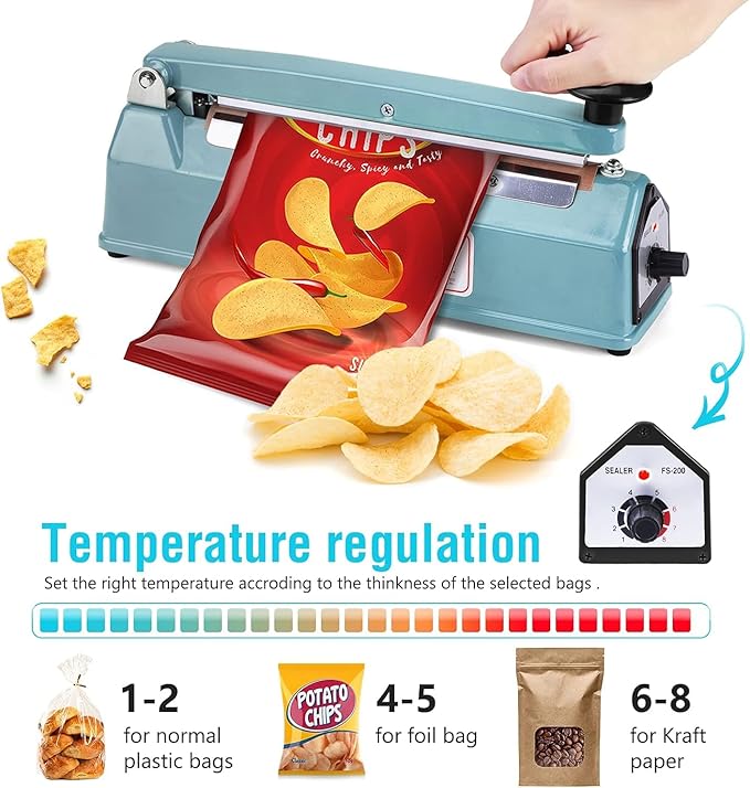 METRONIC Impulse Sealer 8 inch, Manual Heat Sealer Machine for Plastic Bags, Shrink Wrap Bag Sealers Heavy Duty Sealing Machine With Repair Kit, Blue(Pack of 6)