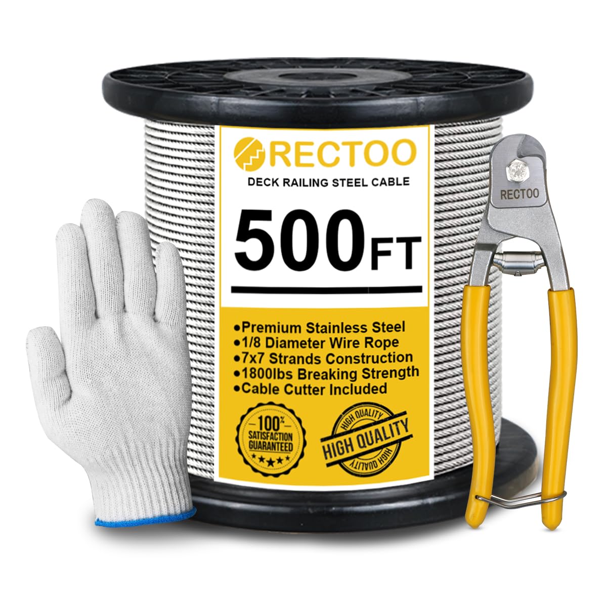 500FT 1/8" T316 Stainless Steel Cable with Cutter, 7x7 Strands Aircraft Wire Rope for Deck Railing, Stair Handrail, Porch Fence, High Strength for Indoor and Outdoor Use