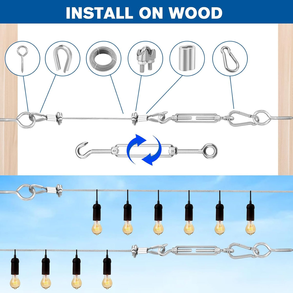 220FT 1/16" Wire Rope Kit - String Light Hanging Kit Vinyl Coated 304 Stainless Steel Cable with Turnbuckles for String Light Hanging, Gate Anti Sag, Stair Railing, Curtain, Picture Hanging, Garden