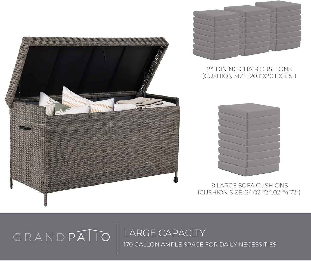 Grand patio 170 Gallon Deck Storage Box Deck Box Outdoor Storage Box Indoor Wicker Storage Bin Patio Storage Box for Patio Furniture Cushions Garden Tools Pool Accessories, Light Brown